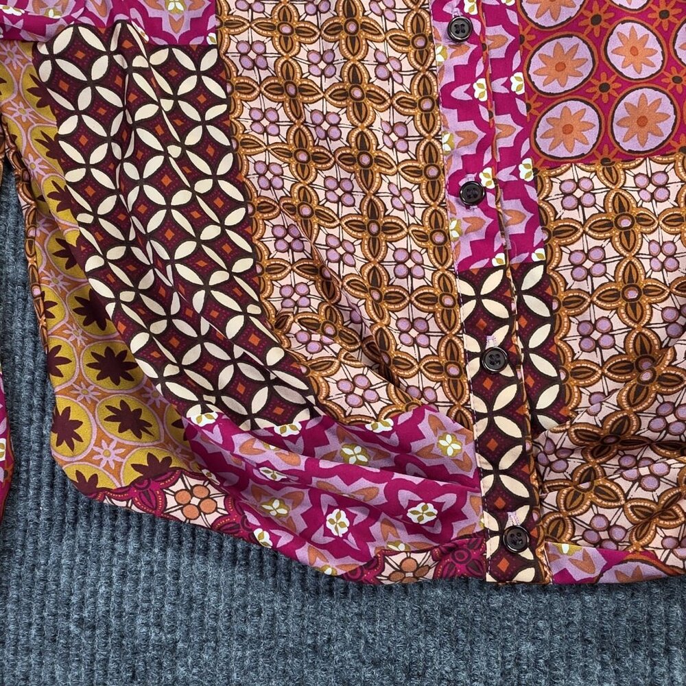 Anthropologie DREW Shirt Women M Pink Cropped Floral Boho Patchwork Artsy Retro - Picture 4 of 12